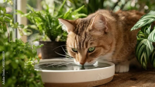 Cat drinking water from a bowl amidst lush greenery, in natural light, close-up shot