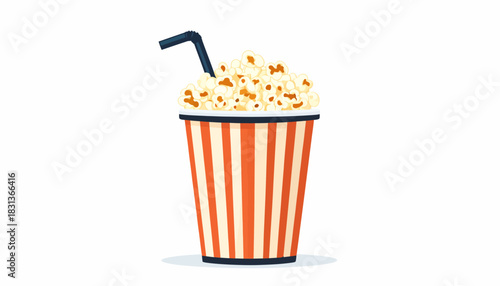 A classic paper cinema box of buttery popcorn and a refreshing soda drink are isolated against a white background for a movie night snack