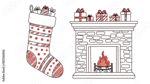Illustration of a Christmas stocking filled with gifts and a fireplace with presents.