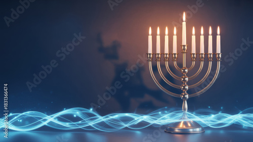 Hanukkah Menorah with Glowing Candle Lights and Blue Magical Light Trails on Dark Background