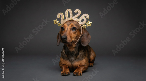 Festive Dachshund with Golden 2026 Headband for New Year Celebration