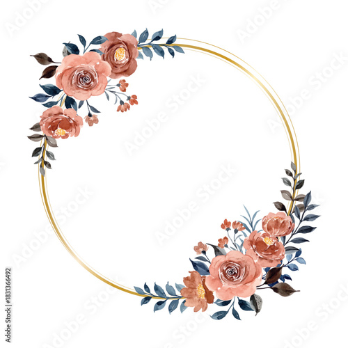 Watercolor Rose Floral Wreath with Gold Circle