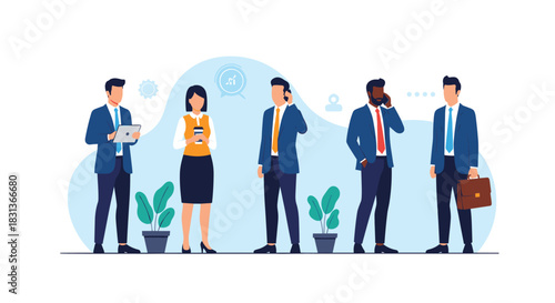 A diverse group of business professionals collaborate and communicate in a modern office environment.