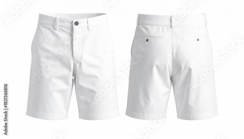 Front and back views of pristine, tailored white shorts, embodying classic summer apparel. The image's simplicity highlights the clean lines and versatility of the clothing item.