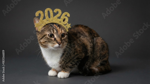 Studio Shot Tabby Cat Wearing a Glittery 2026 New Year Crown