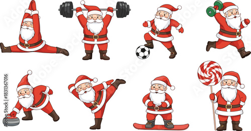 Funny Santa Claus Doing Sports and Fitness Set, Yoga, Weightlifting, Soccer, Snowboarding, and Curling Activities, Christmas Holiday Vector.
