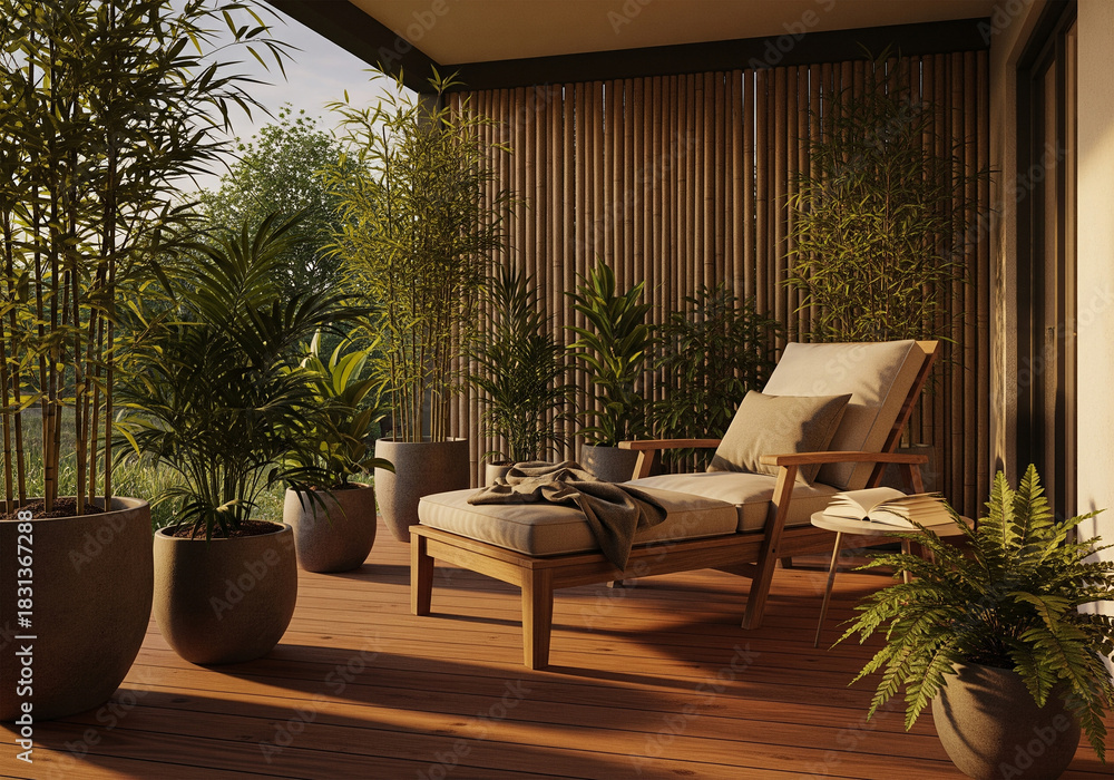Fototapeta premium Modern Outdoor Terrace with Lounge Chair and Lush Potted Plants for Relaxation and Serenity