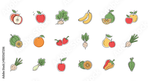 A vibrant collection of hand-drawn line art icons showcasing various fresh fruits and vegetables, including apples, bananas, citrus, and root vegetables.