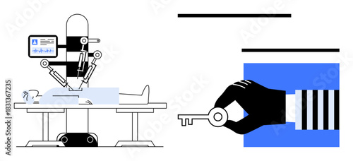 Robotic surgery system operating on a patient alongside a hand holding a key. Ideal for innovation, healthcare technology, robotics, data security, medical AI, futuristic medicine, simple flat