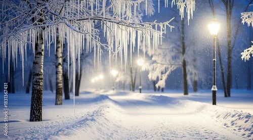 Snowy park path with icicle-covered trees and street lamps at night.