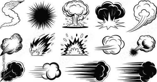 Comic Book Style Explosions and Smoke Effects Keywords: explosion, bomb, blast, impact, burst