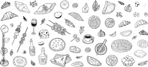 Culinary Delights and Baked Goods Doodle Assortment Keywords: food, doodle, drawing, sketch