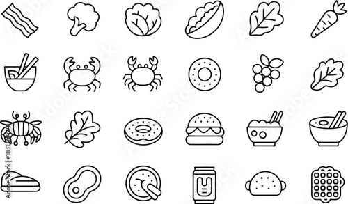 Food and Drink Icons Set Keywords: bacon, broccoli, cabbage, lettuce, salad, carrot, crab, donut