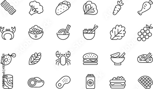 Food and Drink Icons Set Keywords: bacon, broccoli, taco, cabbage, carrot, crab, noodles, soup