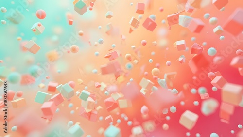 Dynamic colorful geometric shapes, cubes and spheres, float in a vibrant gradient background.