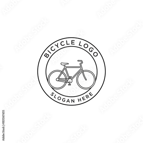 A simple black and white circular logo featuring a bicycle illustration with text.