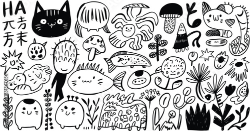 Funky Doodle Characters and Elements Black and White Art Keywords: doodle, character, creature