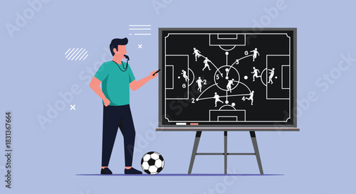 A male soccer coach explains game tactics and strategy on a blackboard with a football field diagram.