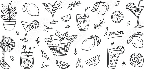 Hand Drawn Lemon Elements and Drinks Collection Keywords: lemon, lemons, fruit, citrus, drink