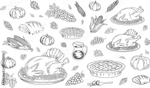 Thanksgiving Harvest Food and Autumn Leaves Hand Drawn Illustration Keywords: Thanksgiving