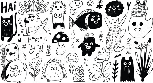 Whimsical Doodle Monsters and Creatures Black and White Illustration Keywords: doodle, monster