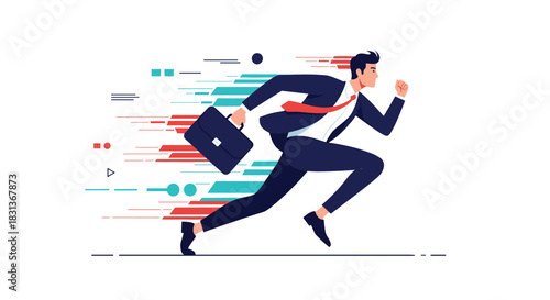 A determined businessman in a suit runs quickly with a briefcase, symbolizing speed, efficiency, and progress in a modern business environment.