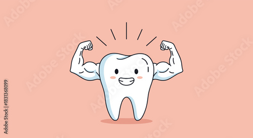 Cute cartoon tooth character flexing its strong biceps, radiating an aura of health and power on a light pink background.