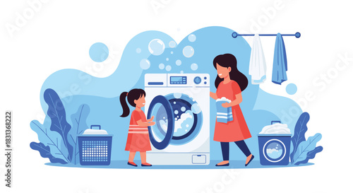 Happy mother and daughter doing laundry with a washing machine, teaching responsibility and teamwork.