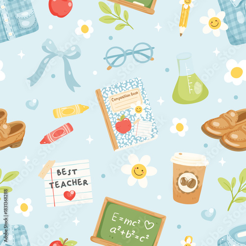 Cute teacher themed seamless pattern with notebooks crayons coffee flowers and school elements in a soft pastel style perfect for education projects and back to school designs