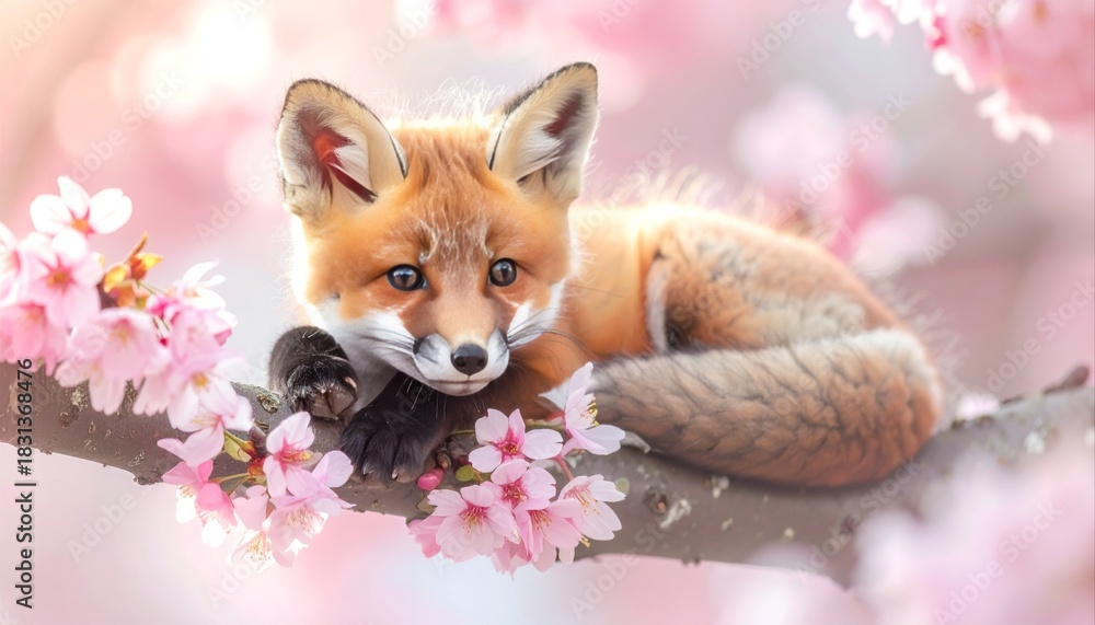 Obraz premium Adorable Fox Kit Resting on Branch with Delicate Pink Cherry Blossoms