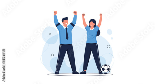 A man and a woman cheer with raised arms in a gesture of success and excitement, standing alongside a soccer ball, symbolizing achievement in sports.