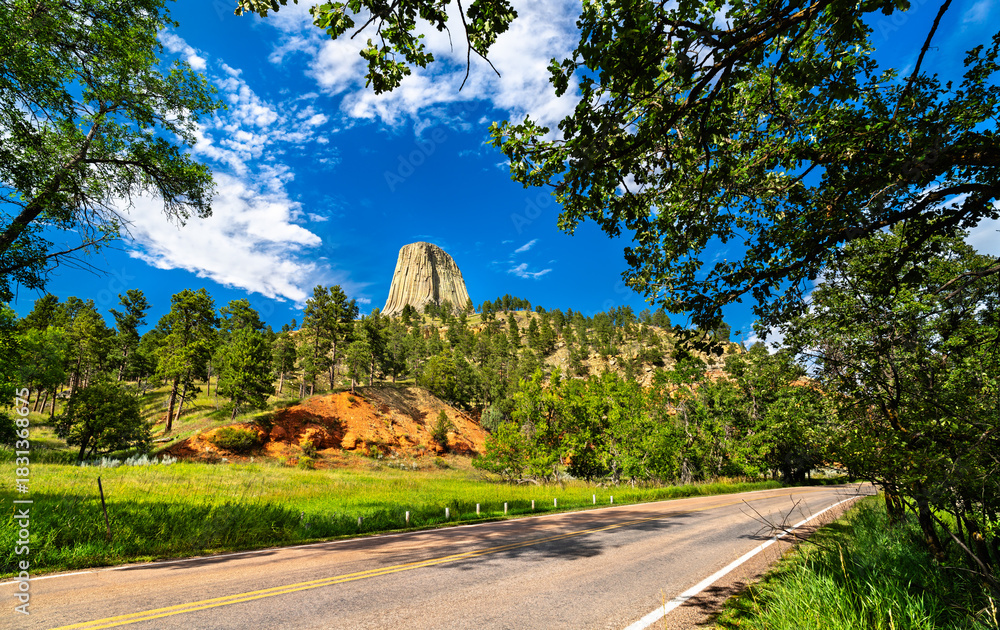 Naklejka premium View of Devils Tower National Monument in Wyoming. Bright red earth and a pine forest are in the foreground, under a deep blue sky with clouds