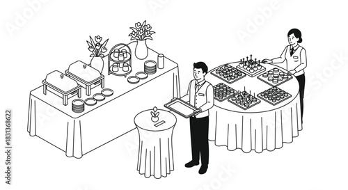 Catering service buffet setup with staff and food illustration