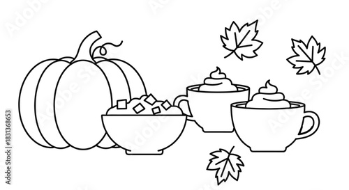 Autumn pumpkin spice latte and fall leaves season vector design