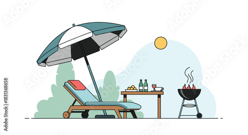 A peaceful summer day setup outdoors featuring a comfortable lounge chair under a parasol, a table laden with drinks and snacks, and a ready barbecue grill.