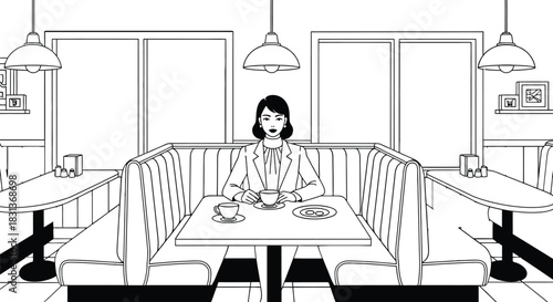 Illustration of woman in diner booth with coffee and yellow theme