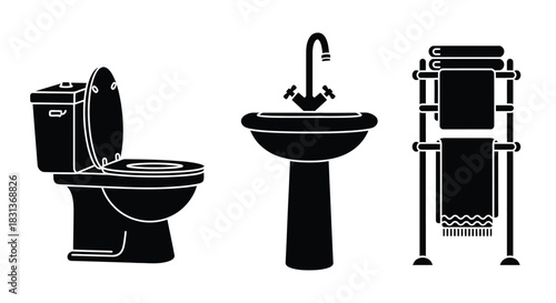Bathroom interior design toilet sink and towel rack vector art
