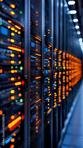 A vertical shot of server racks in a data center hallway, with illuminated lights and a blue-toned color scheme.