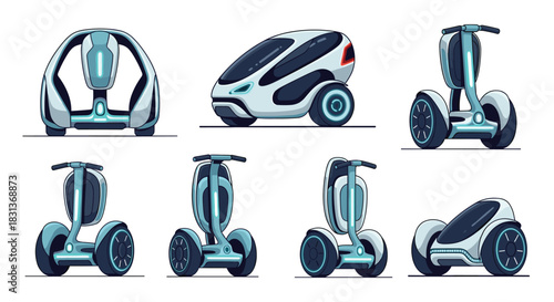 Futuristic pixel art illustrations of various electric personal mobility devices, including self-balancing scooters and an enclosed pod, in multiple views.