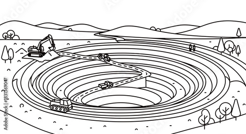 Mining pit illustration with heavy equipment and winding road