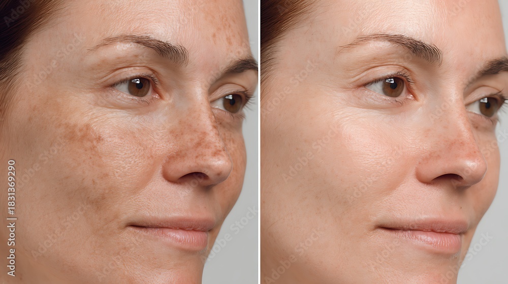 Obraz premium macro split view of cheek with large pores before vs refined smooth pores after,