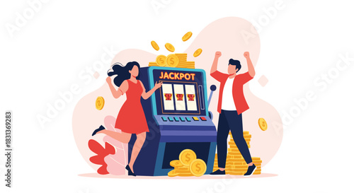 Excited man and woman rejoice over a massive jackpot win on a slot machine, surrounded by falling golden coins.