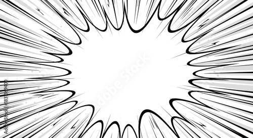 A dynamic black and white comic book background with radial speed lines creating a sense of action and focus on a central area.