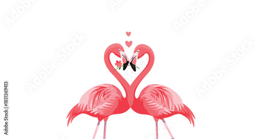 Two romantic pink flamingos in love forming a heart shape with their necks as a symbol of affection for Valentine's Day.