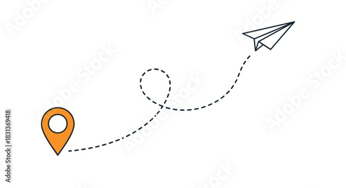 A concept of travel and destination shown with a paper airplane flying on a dotted path from a bright orange map location pin.