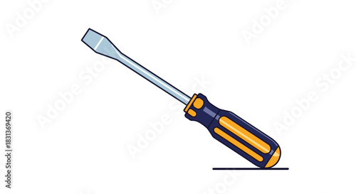 A simple and clear cartoon vector illustration of a common flathead screwdriver with a yellow and blue handle for repair work.