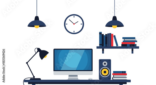 A clean and modern home office workspace illustration with a computer monitor books and desk lamp in a flat design style.