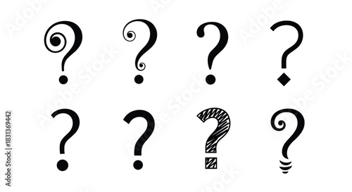 An assorted collection of eight black question mark icons in various typographic styles including a hand-drawn sketchy version.