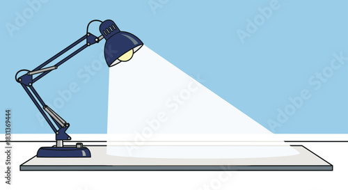 A classic articulated blue desk lamp or anglepoise lamp shining a bright cone of light onto an empty desk surface for study.