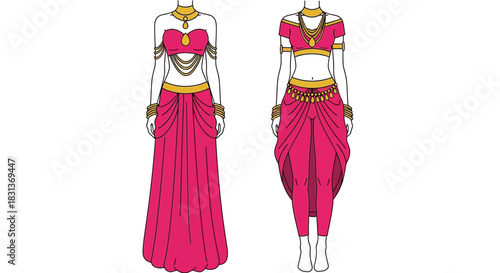 Indian fashion design drawing pink and gold color vector image